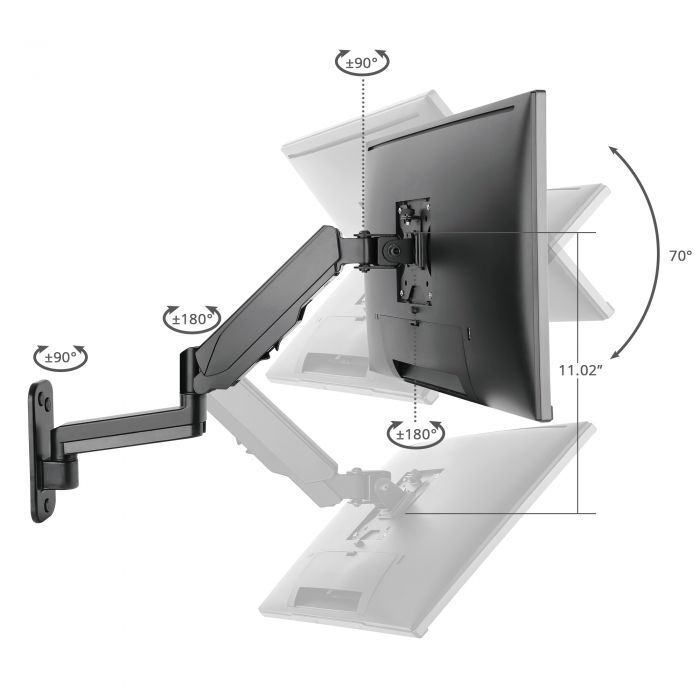 SIIG Premium Aluminum Gas Spring Wall Mount with Extended Arm - Single Monitor