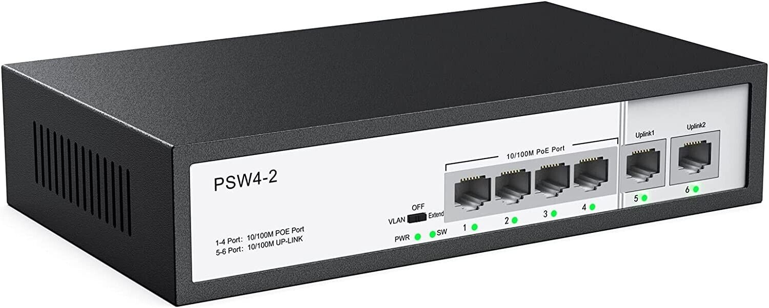 4 Port PoE Switch with 2 Ethernet Uplink, Extend Function Max Output 65W, 803.af