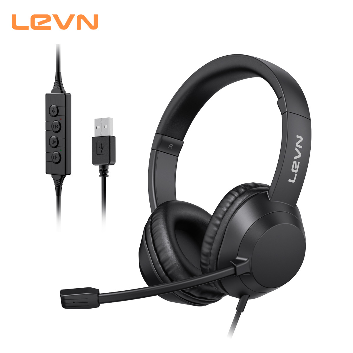 LEVN USB Headset With Microphone Noise Cancelling & Audio Controls Wired Headset
