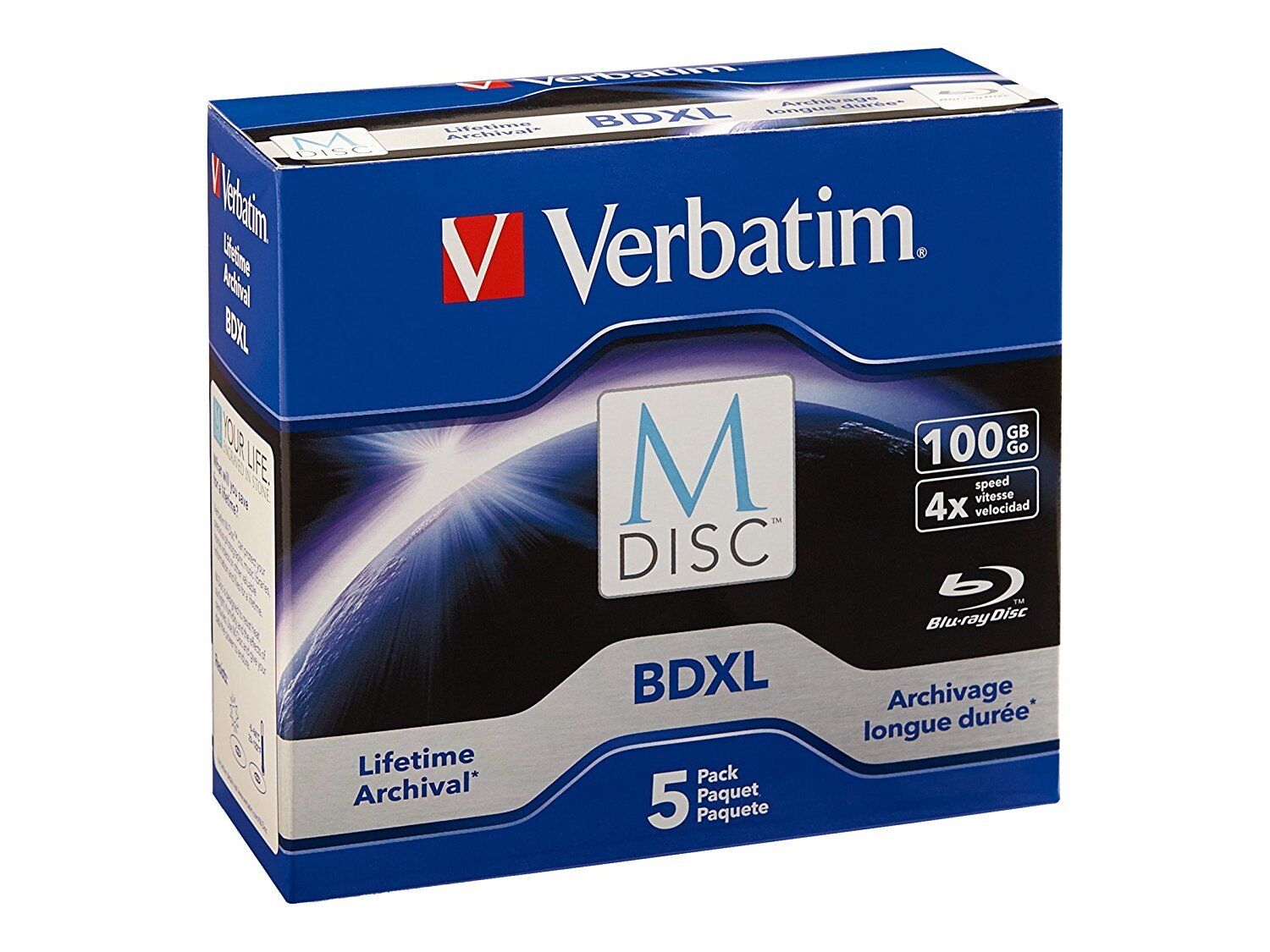 M DISC VERBATIM BDXL 100GB 4X TRIPLE LAYER Branded Logo 5 pack Jewel Case 98913