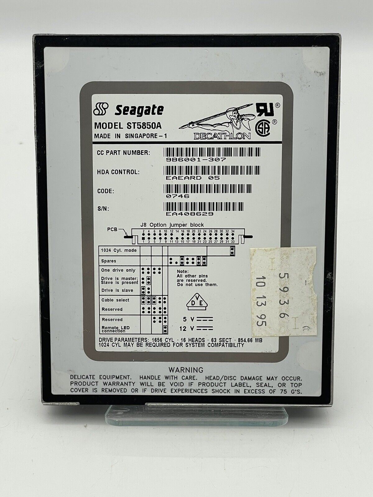 Vintage Seagate Decathlon ST5850A 850MB IDE Hard Drive P/N: 9B6001-307