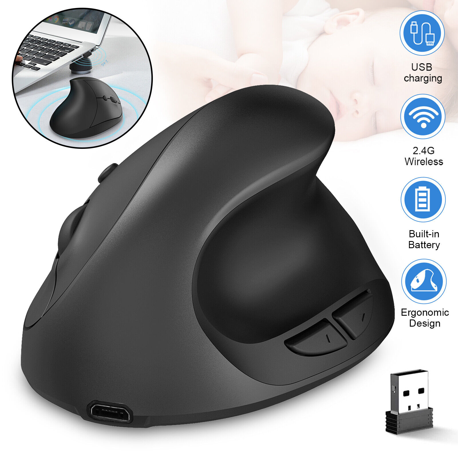 Ergonomic Vertical Mouse 6Buttons USB Wireless 2.4GHz 2400DPI for Windows 7 8 10