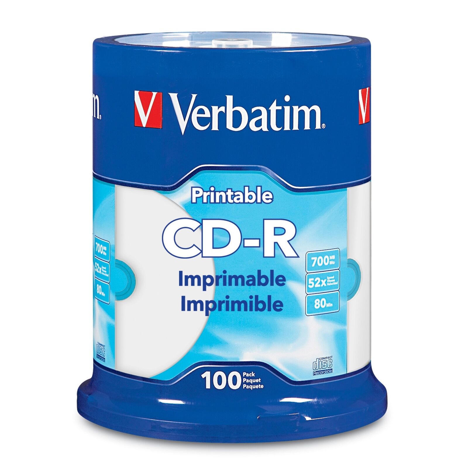 Verbatim CD-R Printable Disc Spindle, Blue/White, Pack Of 100