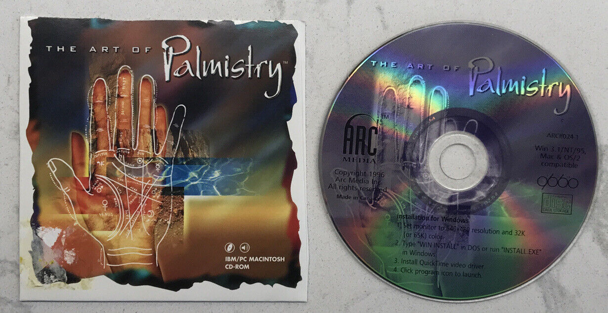 The Art Of Palmistry PC CD-ROM Windows 3.1/NT/95 & MAC VTG Software 1996 Arc Med