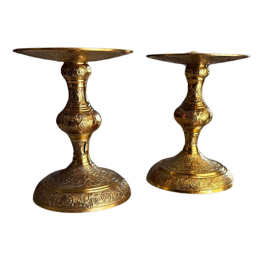 Brass Rose Etched Candle Holders (set of 2)