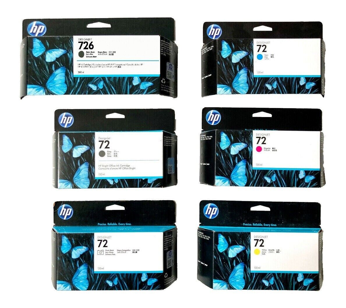 Set 6 Genuine Sealed HP 726 Matte Blk and 72 Cyn Mag Yel PK Gray Inks 2018