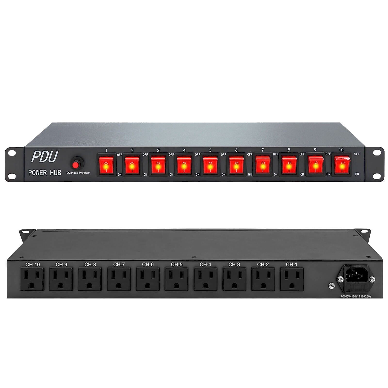 UltraPoE 1U Rack PDU Power Strip 15 A 10 Outlet Surge Protector，10 Front Switch