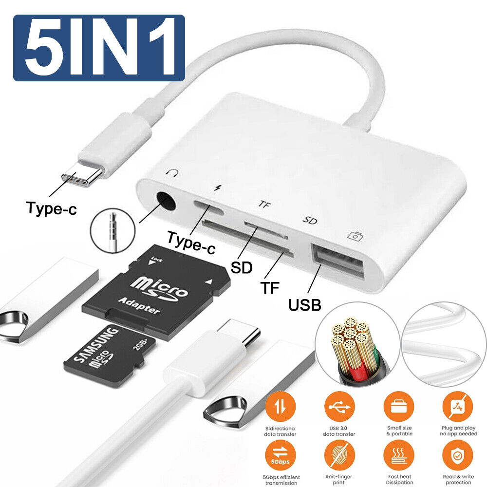 Type-C USB C to 3.5mm Jack Headphone PD Charger SD TF Card Reader 5 in 1 Adapter