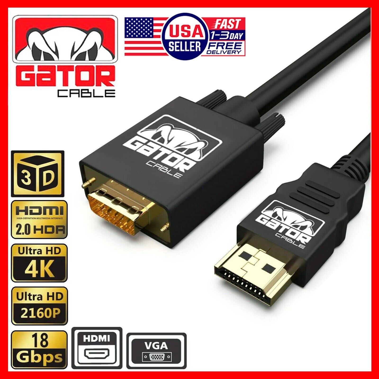 HDMI to VGA Cable Converter Adapter For HDTV PC Desktop Monitor Video 1080P 6FT