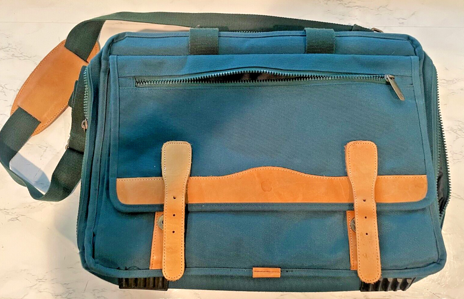 Vintage Apple Green/Brown Leather Accent 13” x 17” Computer Bag, Fits  up to 17”