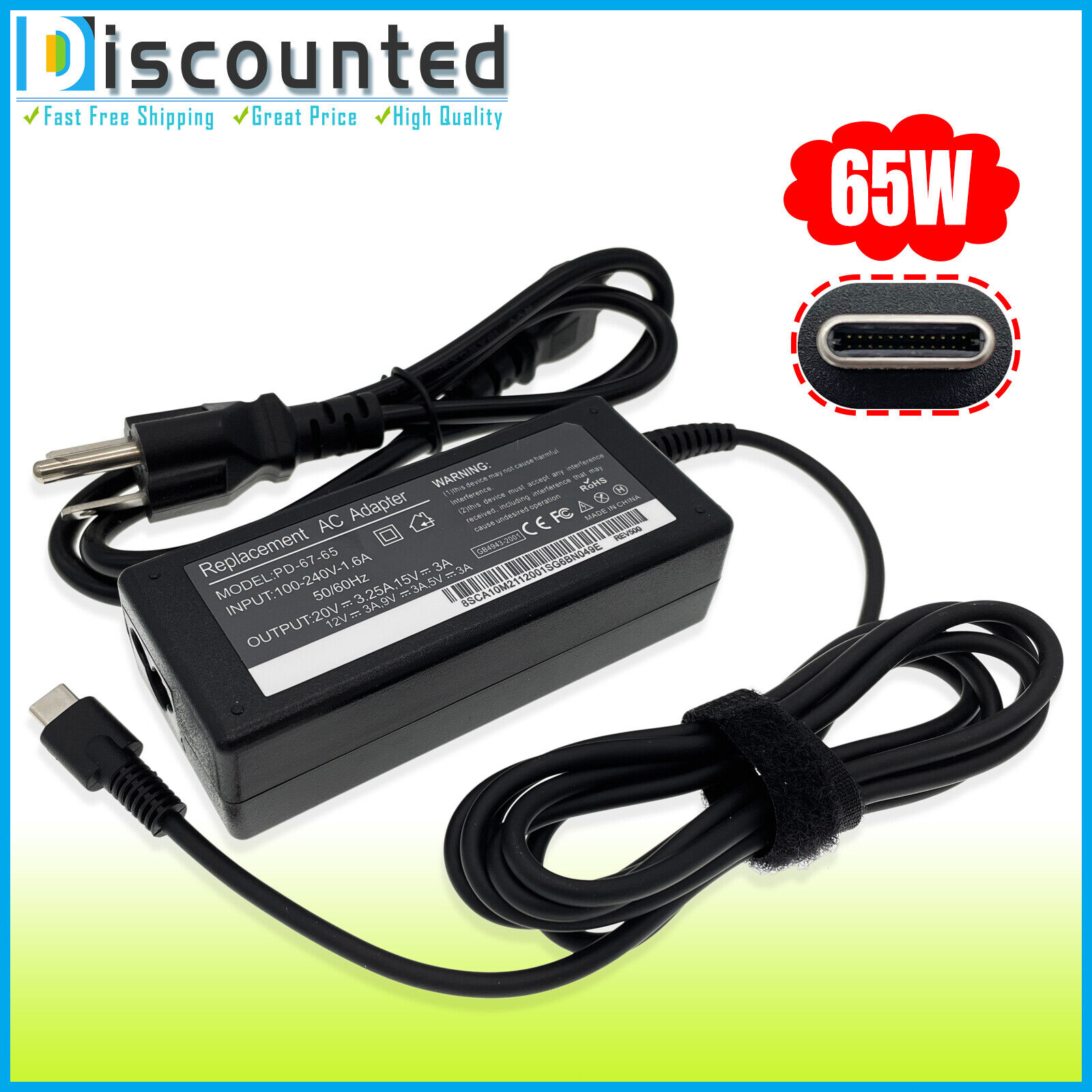 For HP 65W USB-C Type C AC Adapter Charger Power Cord Spectre x360 13 14 15 ENVY