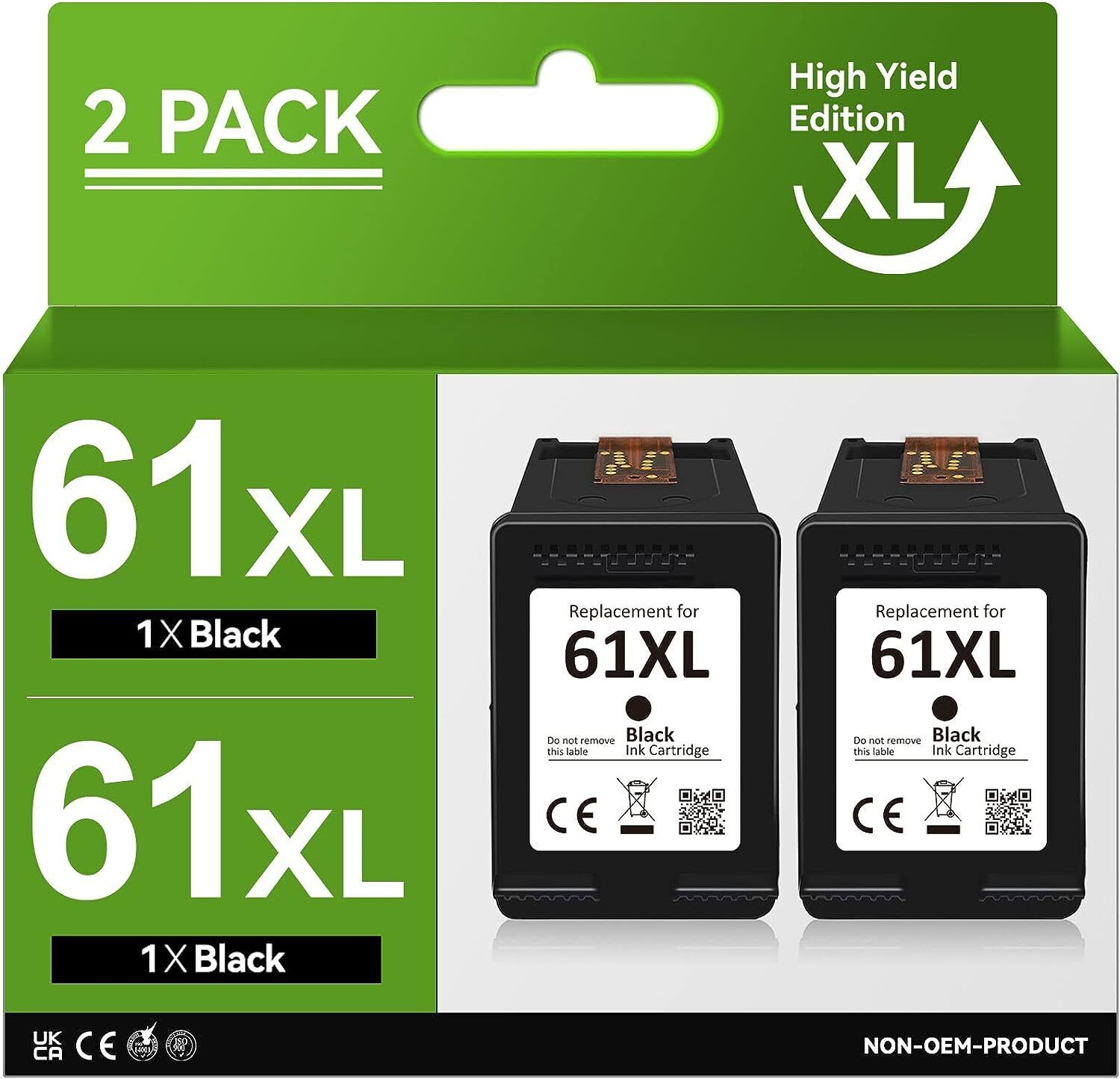 2 Pack 61 XL Black Ink Cartridges for HP ENVY 4500 4501 4502 4504 5530 5531 5535