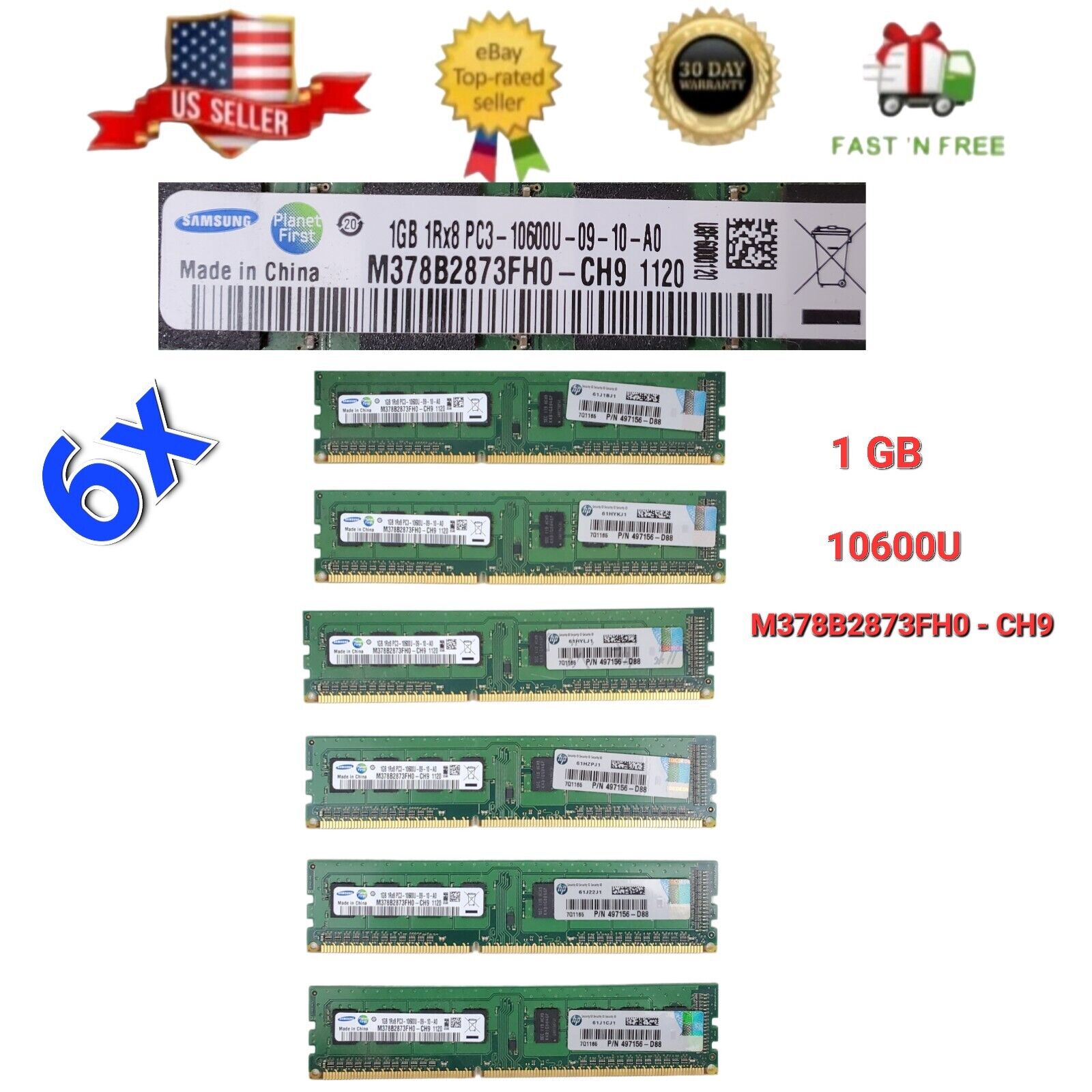 Lot 6x SAMSUNG 1GB 1Rx8 PC3-10600U-09-10-AO M378B2873FHO-CH9 MEMORY RAM DESKTOP