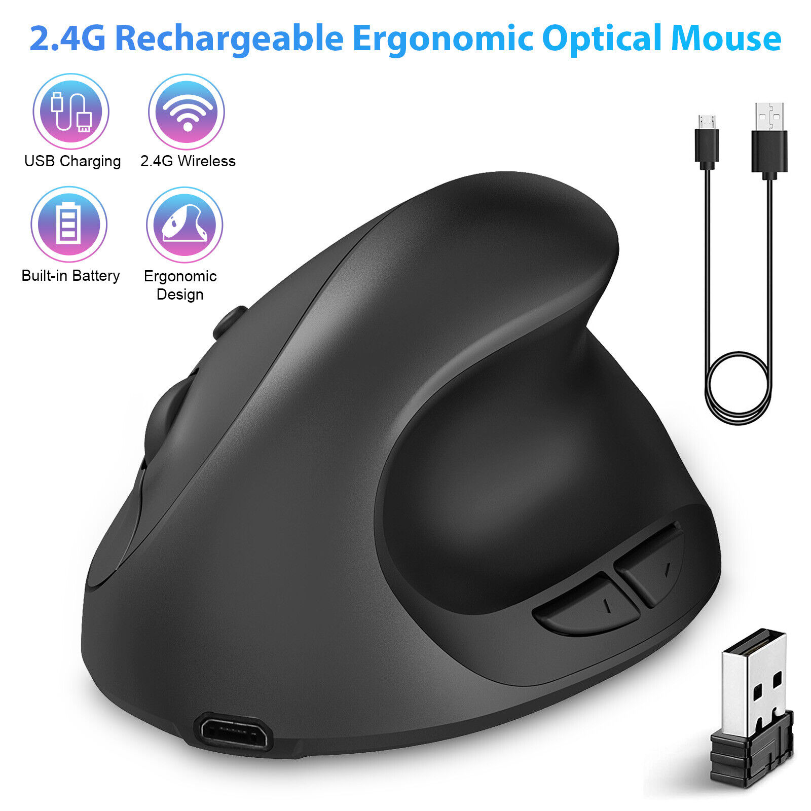 Ergonomic Mouse Optical Vertical Mouse 6 Keys USB Wireless 2.4GHz 2400DPI for PC