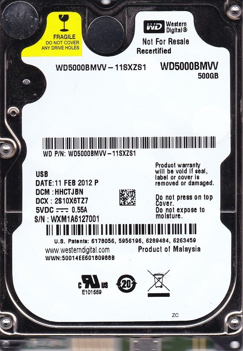 BAD SECTORS WD5000BMVV-11SXZS1 WD dcm: HHCTJBN s/n: WXM1A6  FEB / 2012 USB 2.0