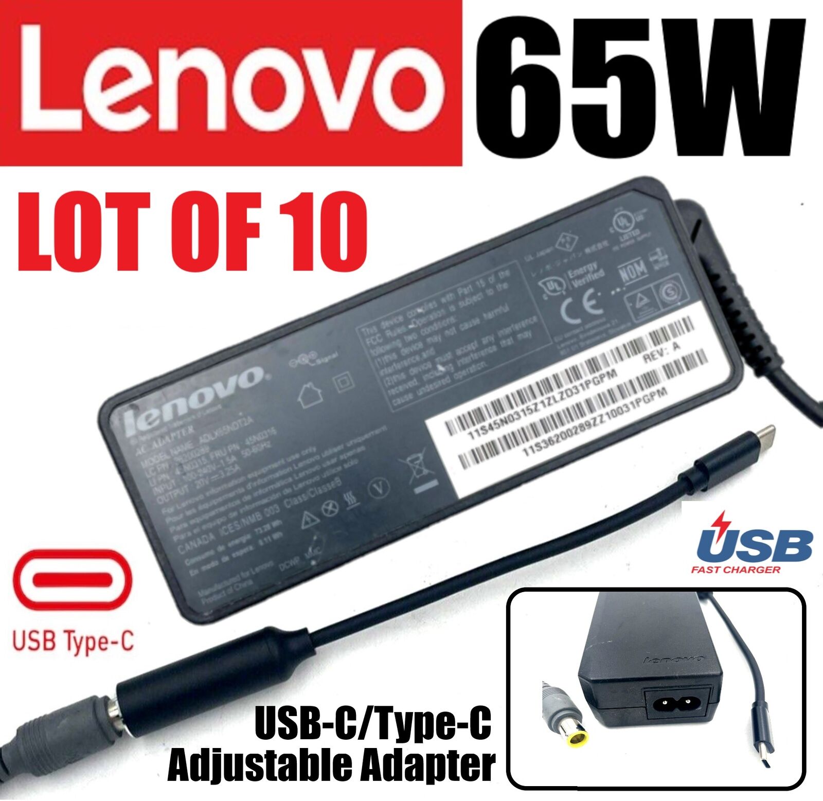 LOT 10 Lenovo T480 T480s T490 T490s T495s T580 T580s T590 65W USB-C AC Adapter