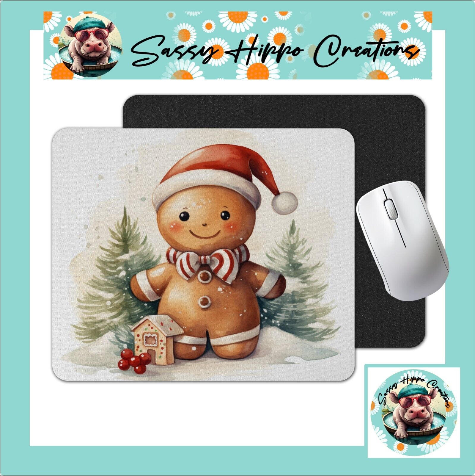 Mouse Pad Gingerbread Man Santa Christmas Holiday Anti Slip Back Easy Clean