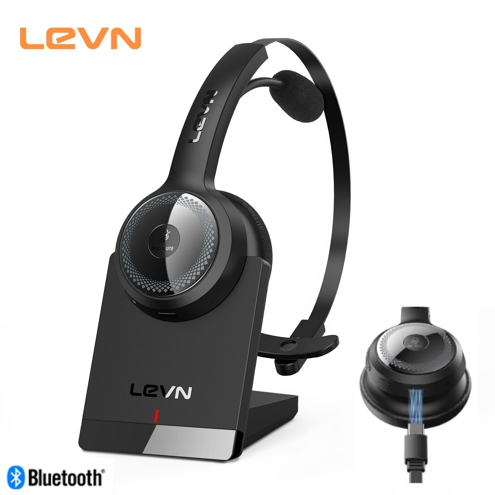 LEVN Bluetooth 5.0 Wireless Headset Microphone AI Noise Cancelling Charging Base