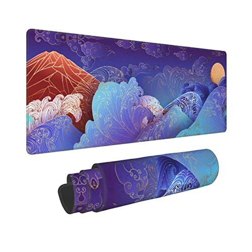 Large Gaming Mouse Pad XL, Japanese Waves and Mountain Full Desk Mousepad wit...