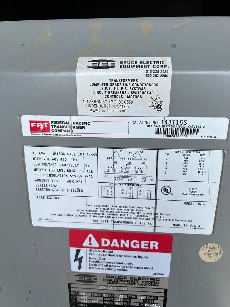 15 kVA Transformer 3 Phase - T43T15S -  480 - 240/120 FEDERAL PACIFIC