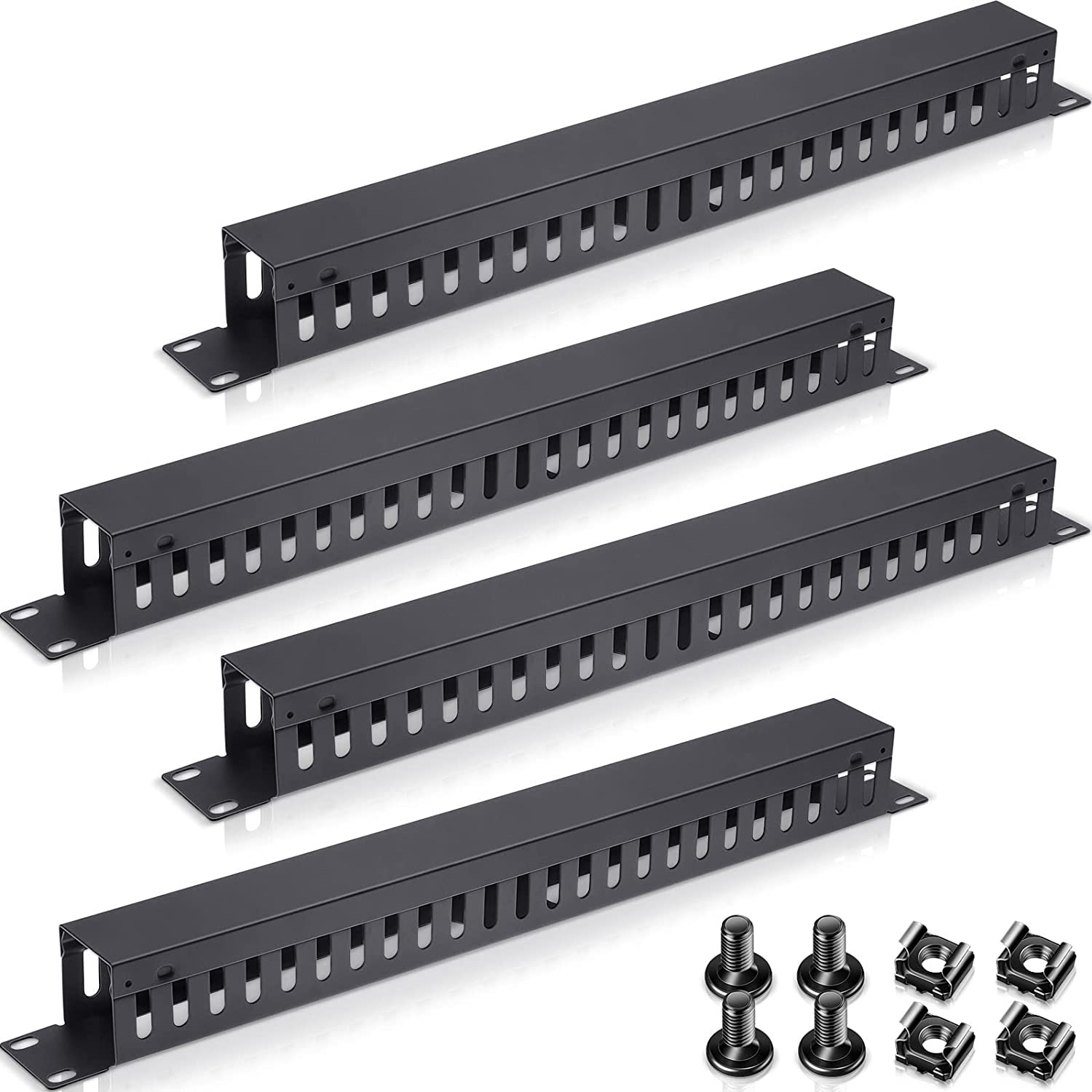 4 Pack 1U 19\'\' Cable Manager 24 Slot Horizontal Rack Mount Wire Management Serve