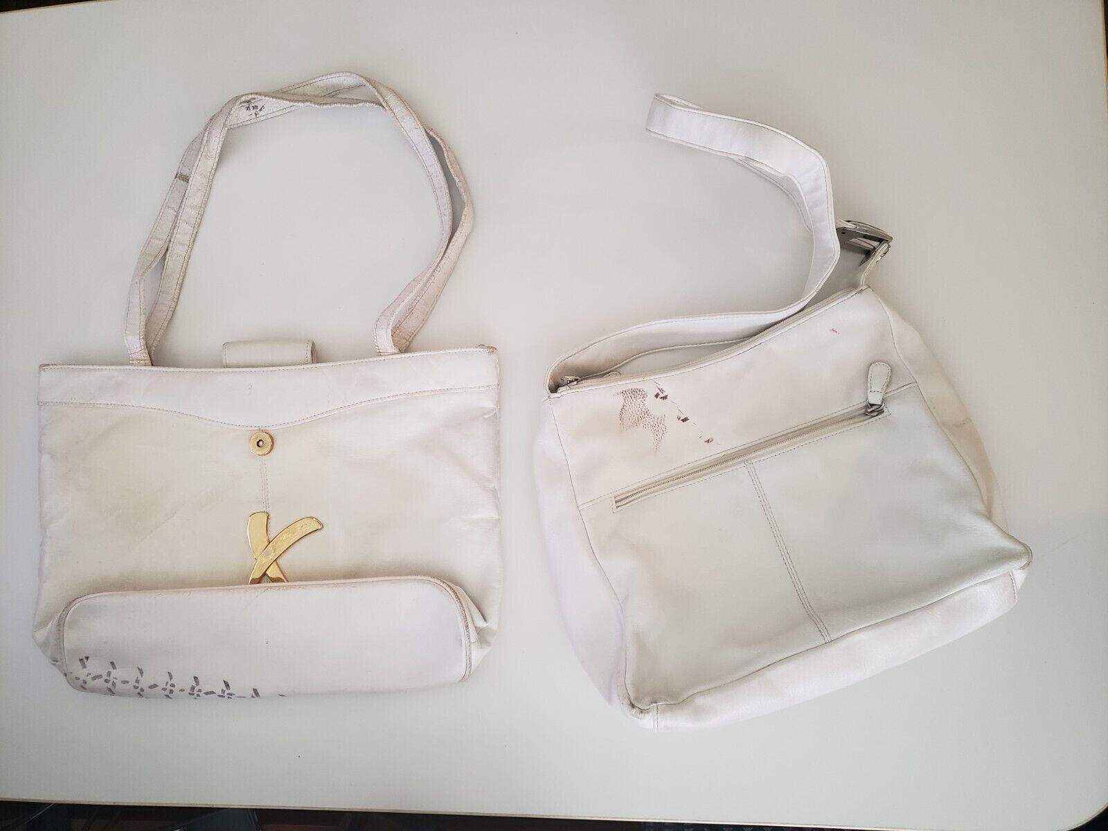 Pair of Used White Leather Purses Shoulder Handbags- Dress up, Costume, Upcycle