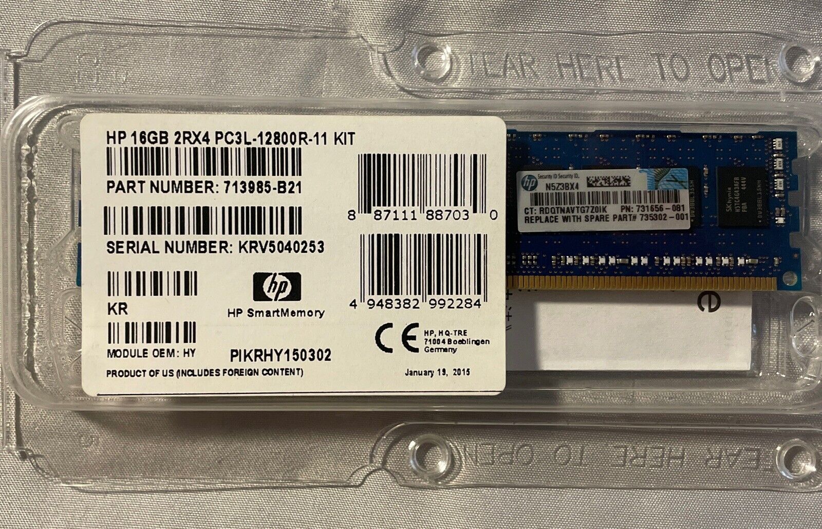 HP SmartMemory HP 16GB 2Rx4 PC3L-12800R -11 713985-B21 Memory Server RAM