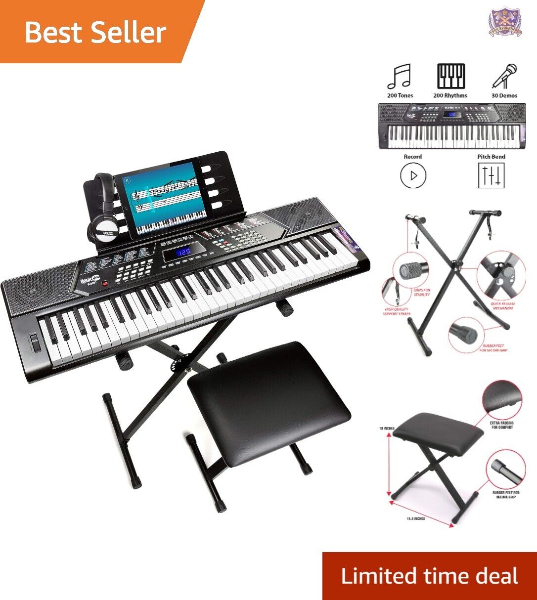 Premium 61 Key Keyboard Piano Super Kit - Ultimate Stand, Bench, Headphones