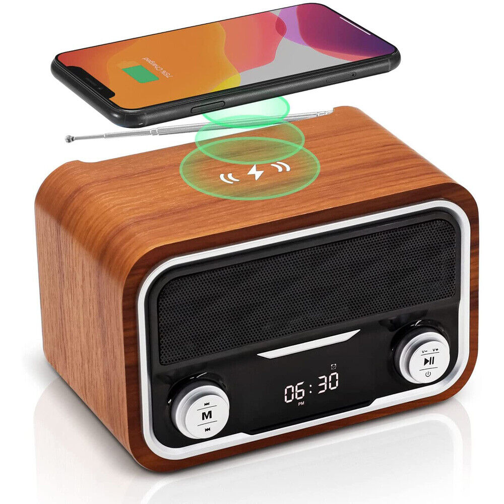 Wooden Digital LED Alarm Clock Bluetooth SpeakerWith 10W Fast Wireless Charger