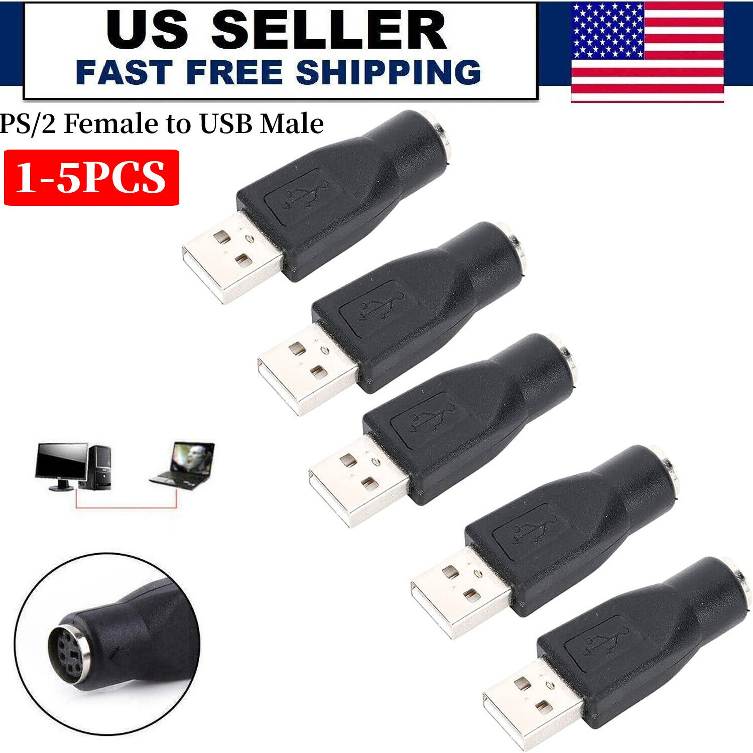 1-5pcs PS/2 PS2 Male to USB Female Adapter Converter Connector For PC Mouse Mice