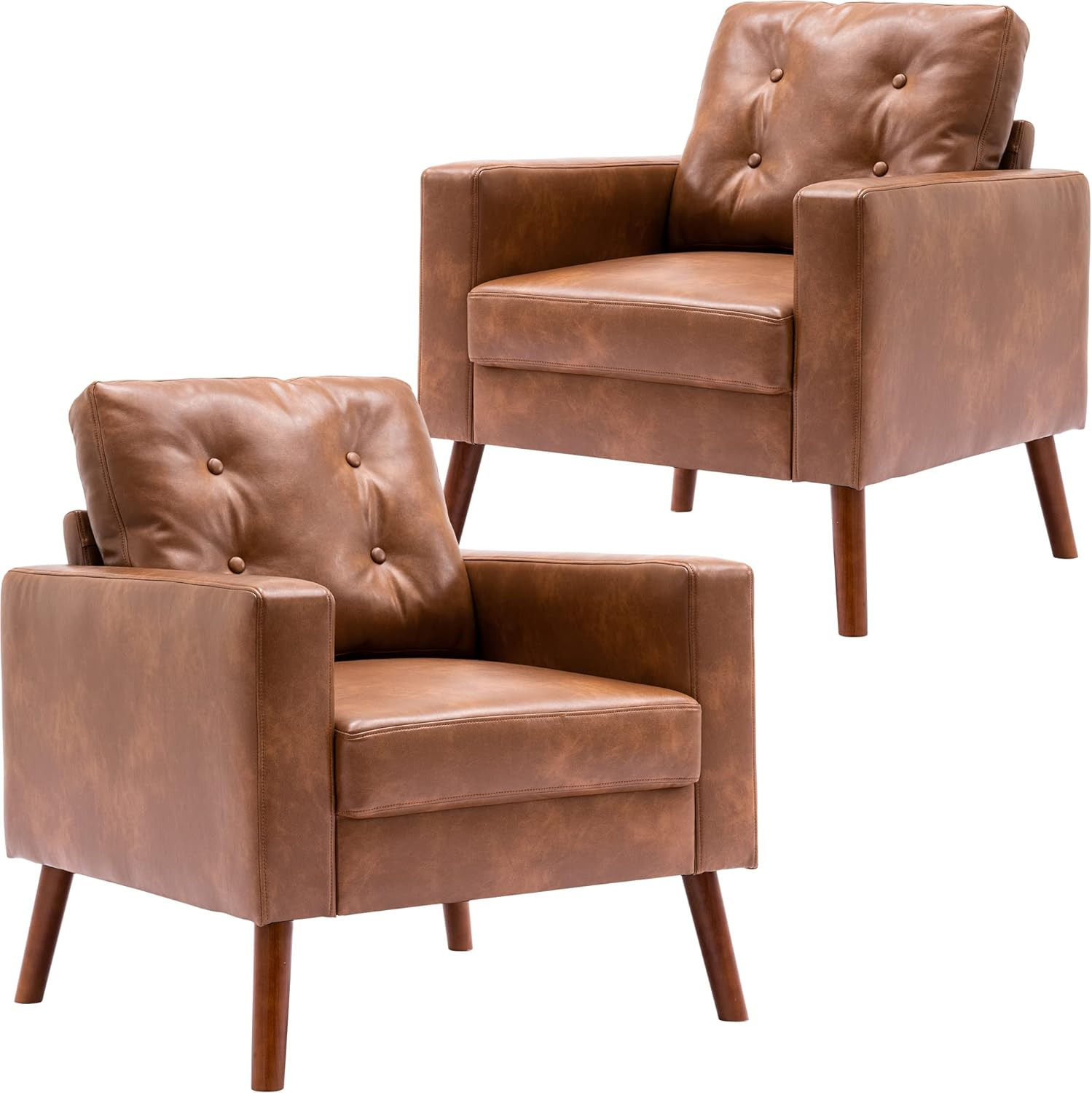 Set of 2 Mid Century Modern Armchair, Caramel Faux Leather Accent Chair Upholste