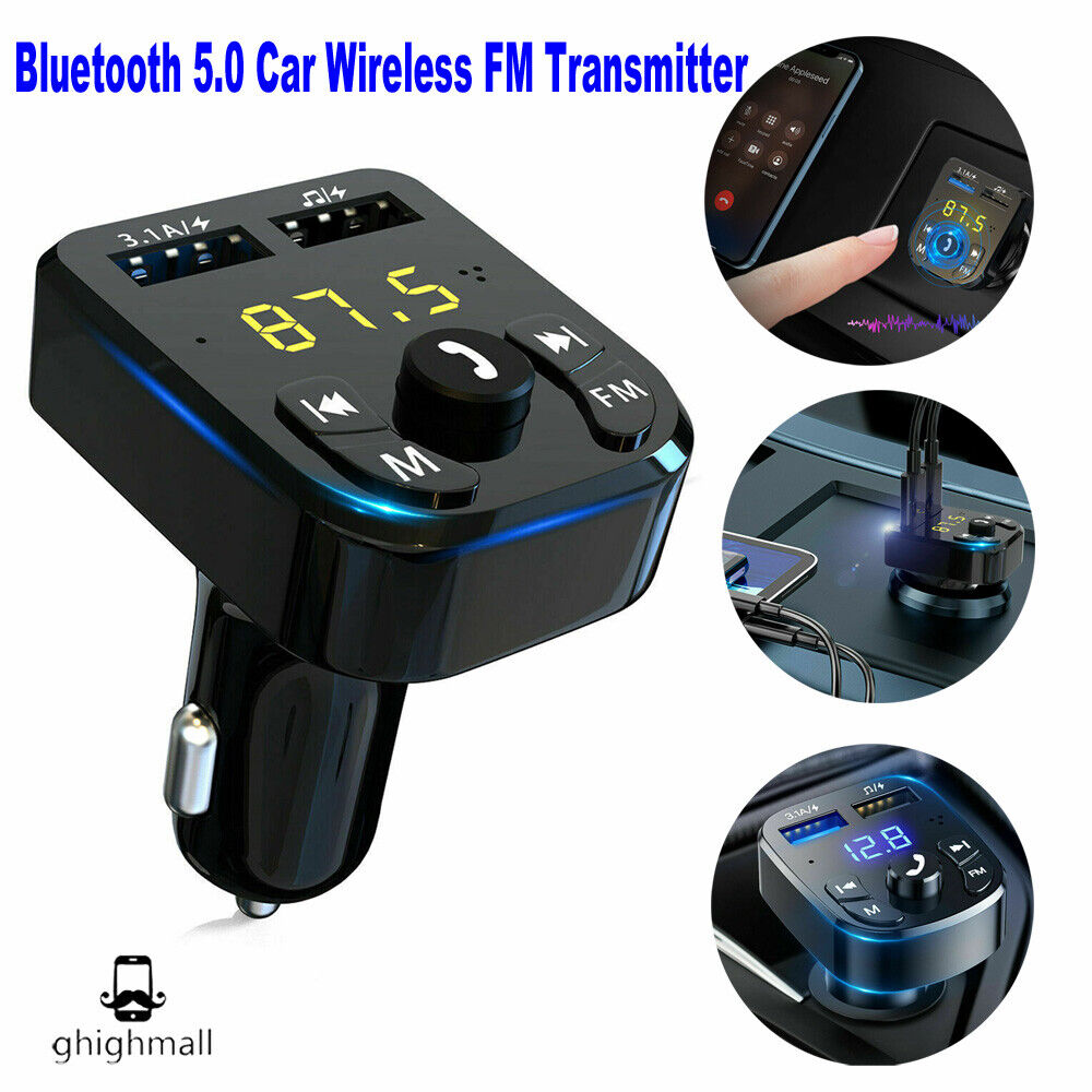 Bluetooth 5.0 Car Hands-Free Wireless FM Transmitter Adapter 2USB PD Charger AUX