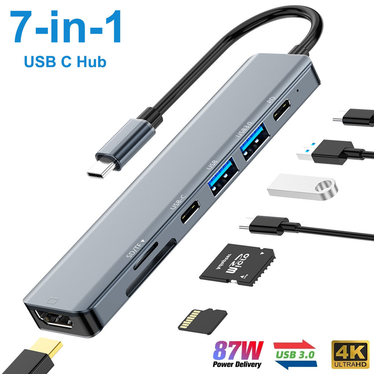 7 in 1 USB C Hub Dongle Laptop Docking Station 4K HDMI USB3.0 Multiport Adapter