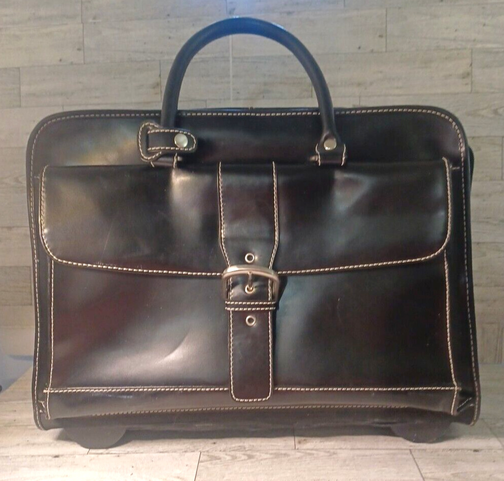 Franklin Covey Rolling Leather Briefcase Carry Travel Bag Laptop Black