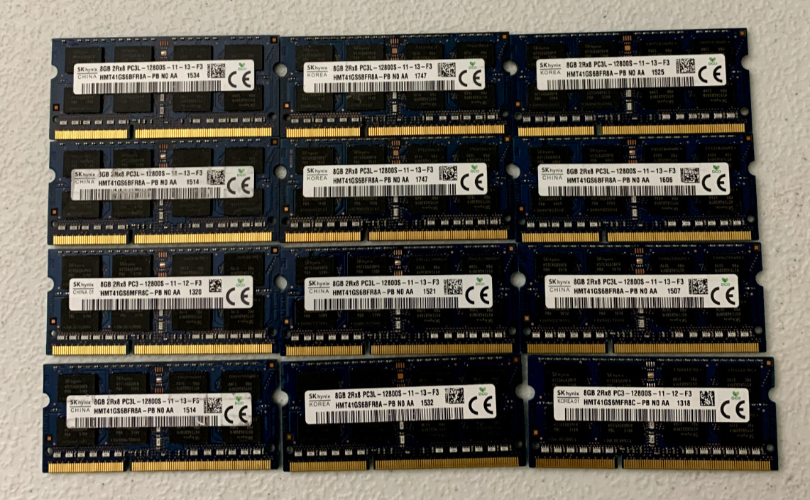Lot of 12 SK hynix 96 GB (12x8GB) PC3L-12800S SO-DIMM Laptop Memory