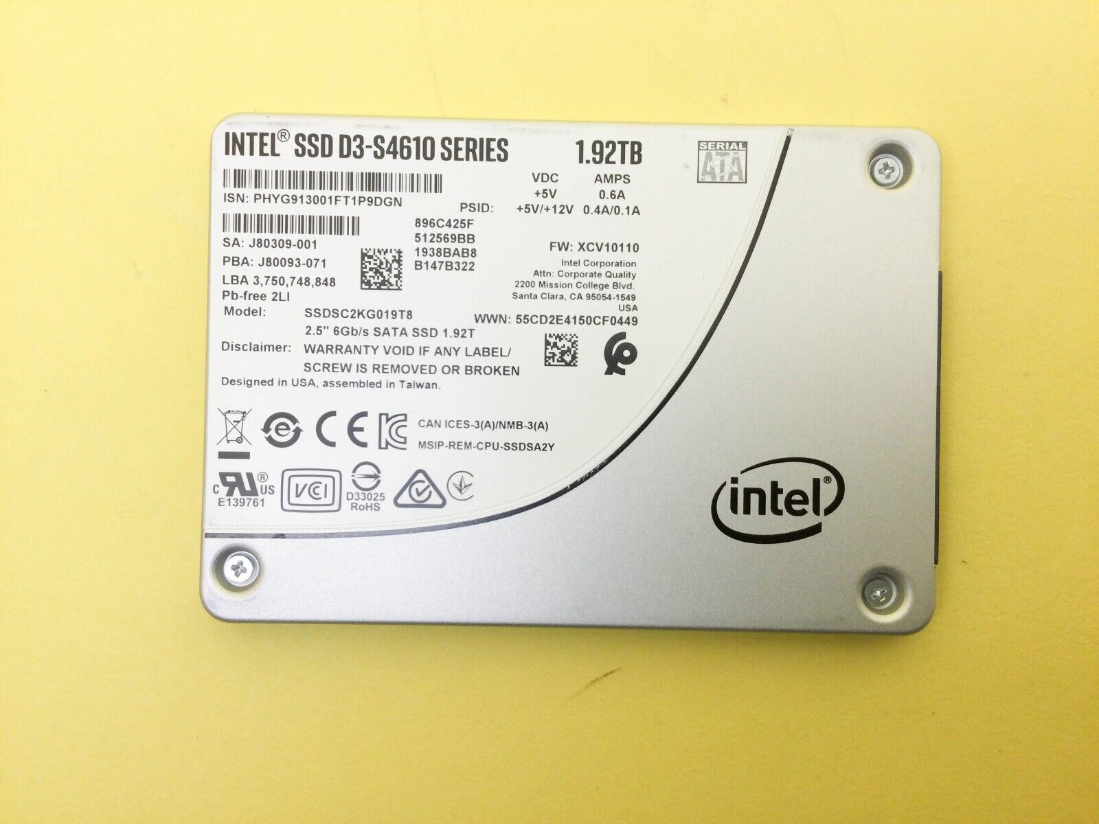 Intel D3-S4610 Series 1.92TB SATA 6Gb/s 2.5'' Internal SSD SSDSC2KG019T8