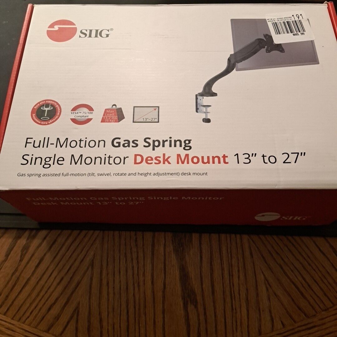 SIIG Full-Motion Gas Spring Single Monitor Desk Mount 13” to 27” See Description