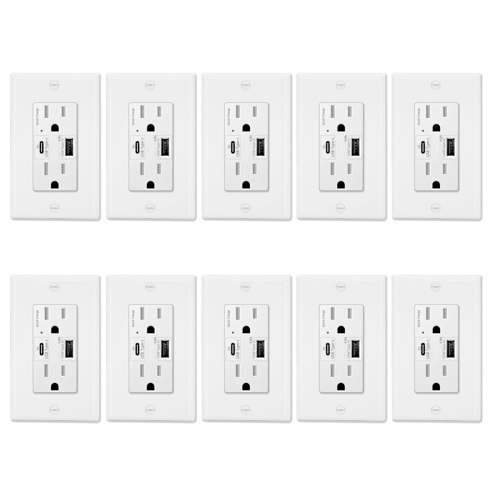 Quick Charge 4.8A USB Type C Wall Outlets 24W QC 3.0 15Amp TR Receptacles UL ×10