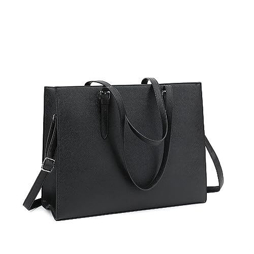 Laptop Bag for Women, 15.6 Inch Computer Bag Large PU Leather Tote Bag Black