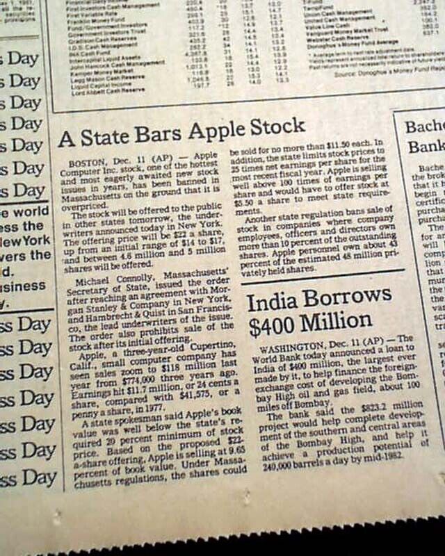 Historic Apple Computer Inc. 1st Goes Public Stock Market day of 1980 Newspaper