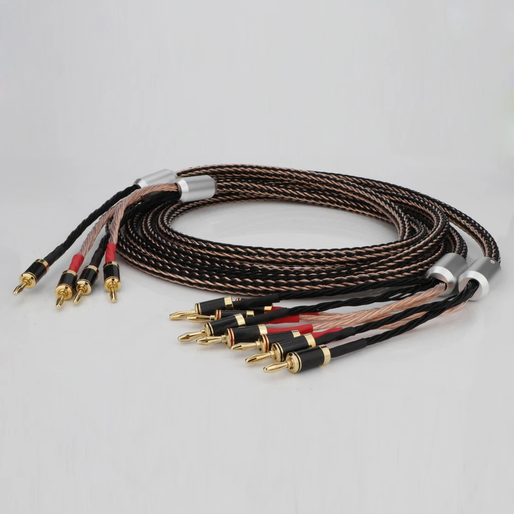 Pair Bi-Wire OCC Copper Audio Speaker Cable with HIFI Gold Plated Banana Plugs