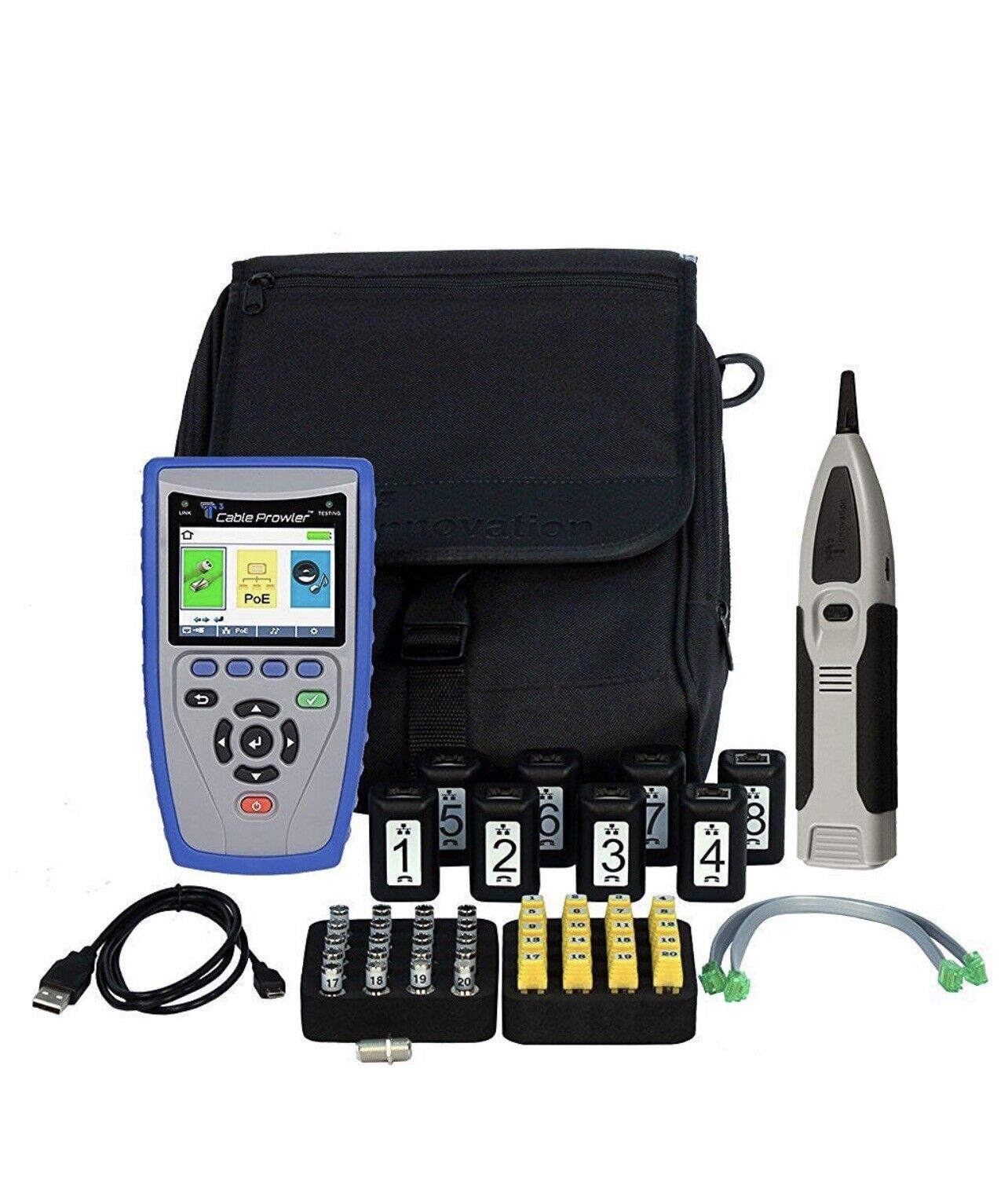 Network Cable Tester Kit with ID remotes, Tone Probe, PoE, RJ45 CAT6, CAT7, CAT8