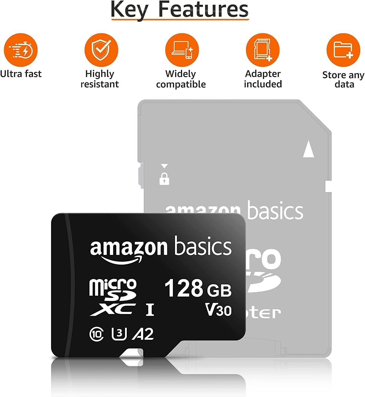 Amazon Basics 128GB micro SDXC Memory Card with Full Size Adapter, A2, U3 NEW