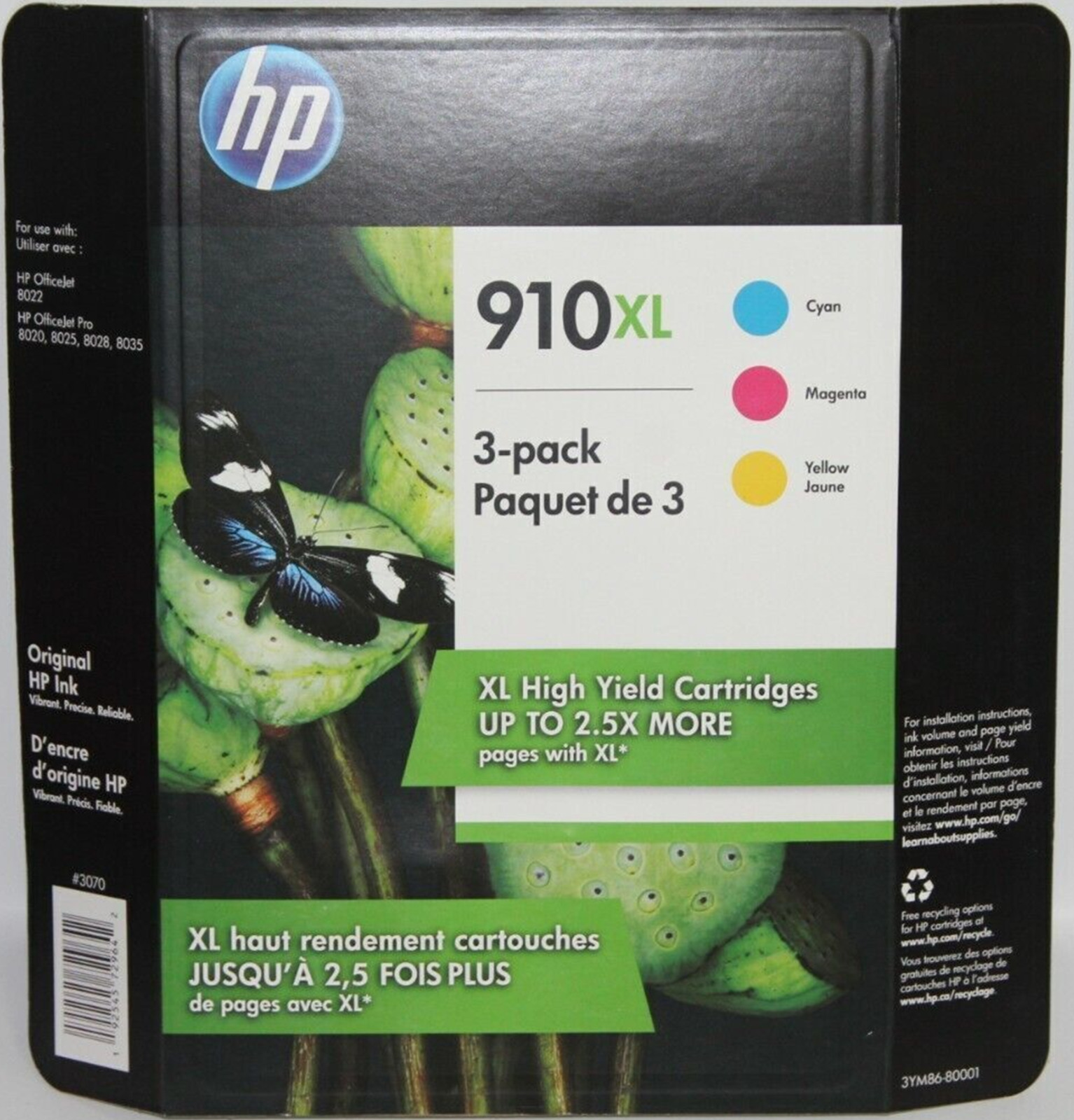 New Genuine HP 910XL Cyan Magenta Yellow 3PK Ink Cartridges OfficeJet 8022 8020