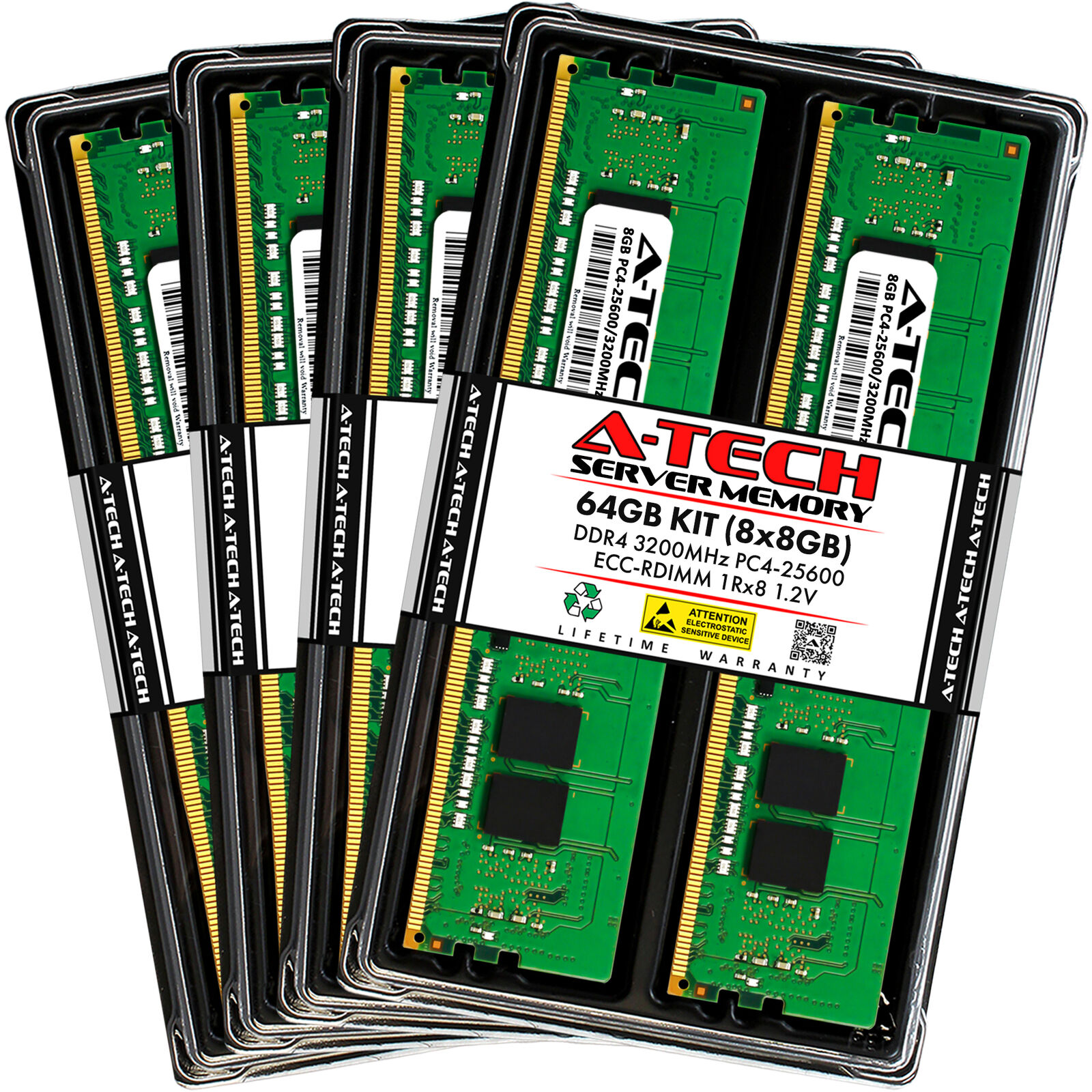 A-Tech 64GB 8x 8GB 1Rx8 PC4-25600R DDR4 3200 MHz ECC REG RDIMM Server Memory RAM