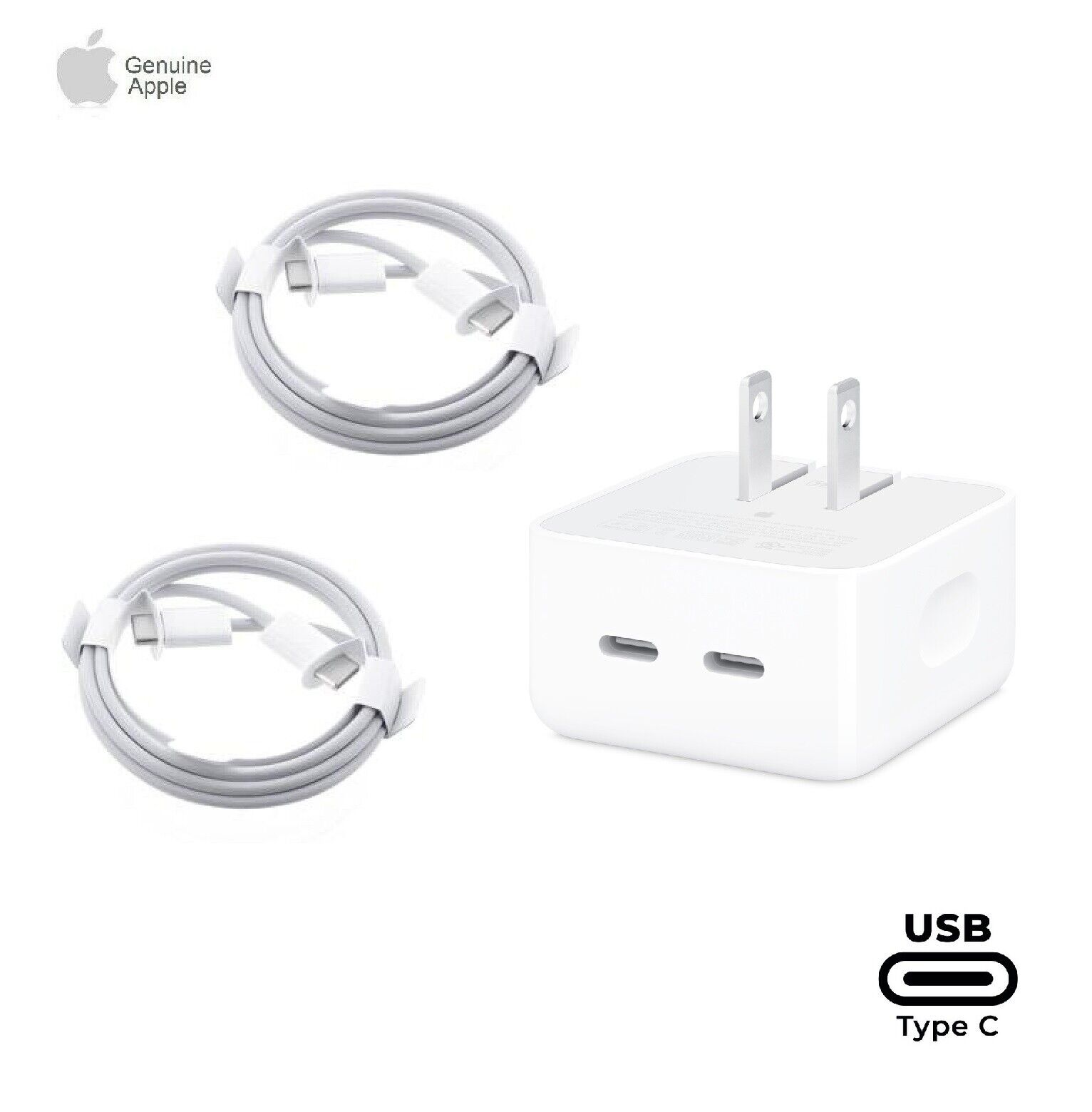35W Dual USB-C Power Adapter with 60W Type C Charge Cables (1m) iPhone OEM