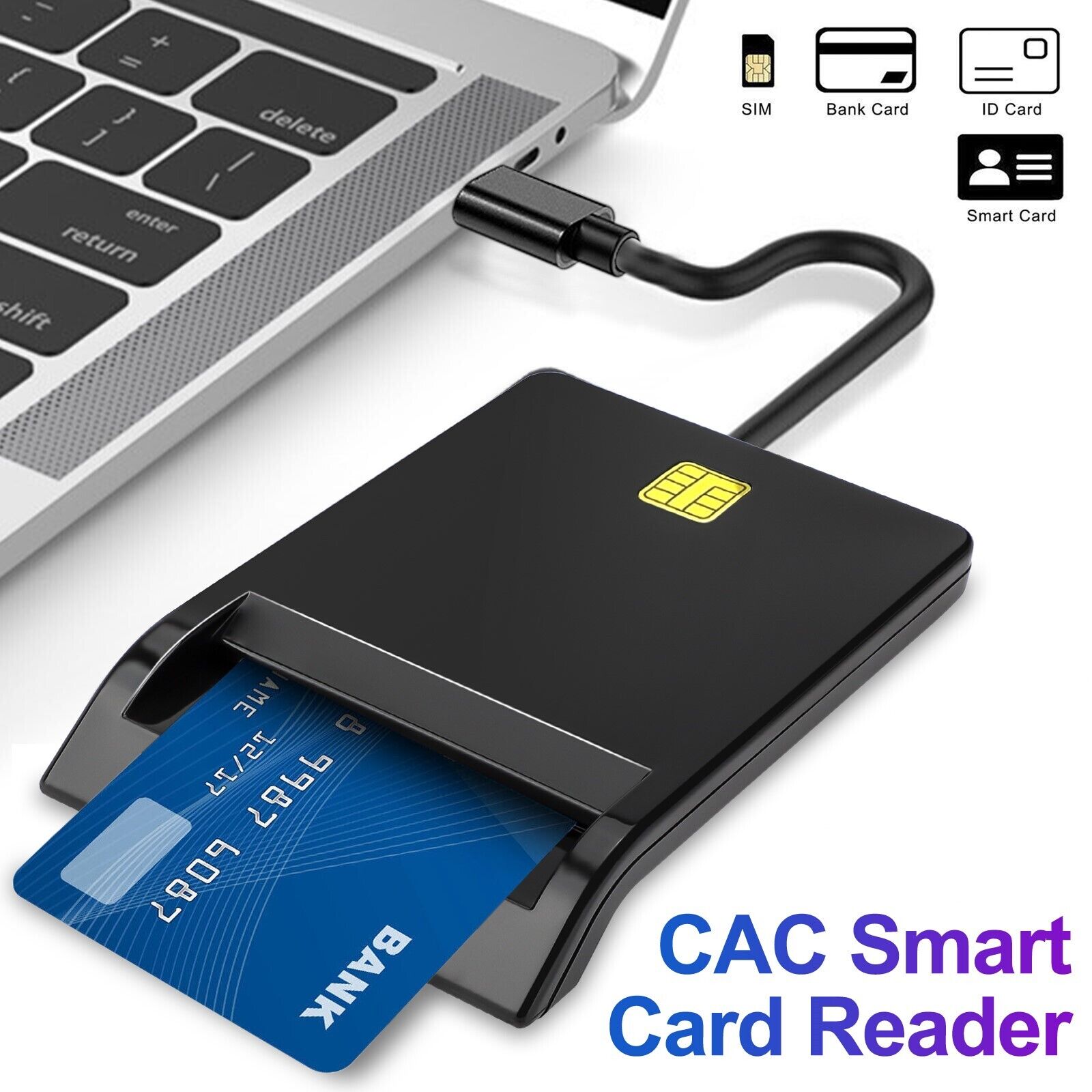 USB C Smart Card Reader DOD Military CAC Common Access-Bank Card-ID for Windows