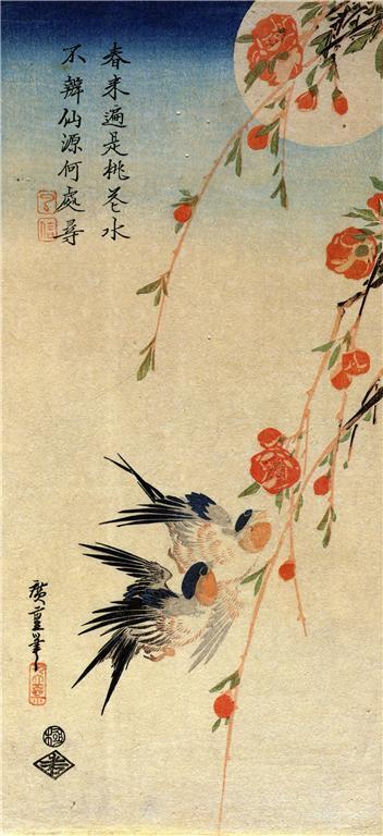 Traditional Japanese Swallows on Peach Tree Bird Print Picture by Ando Hiroshige