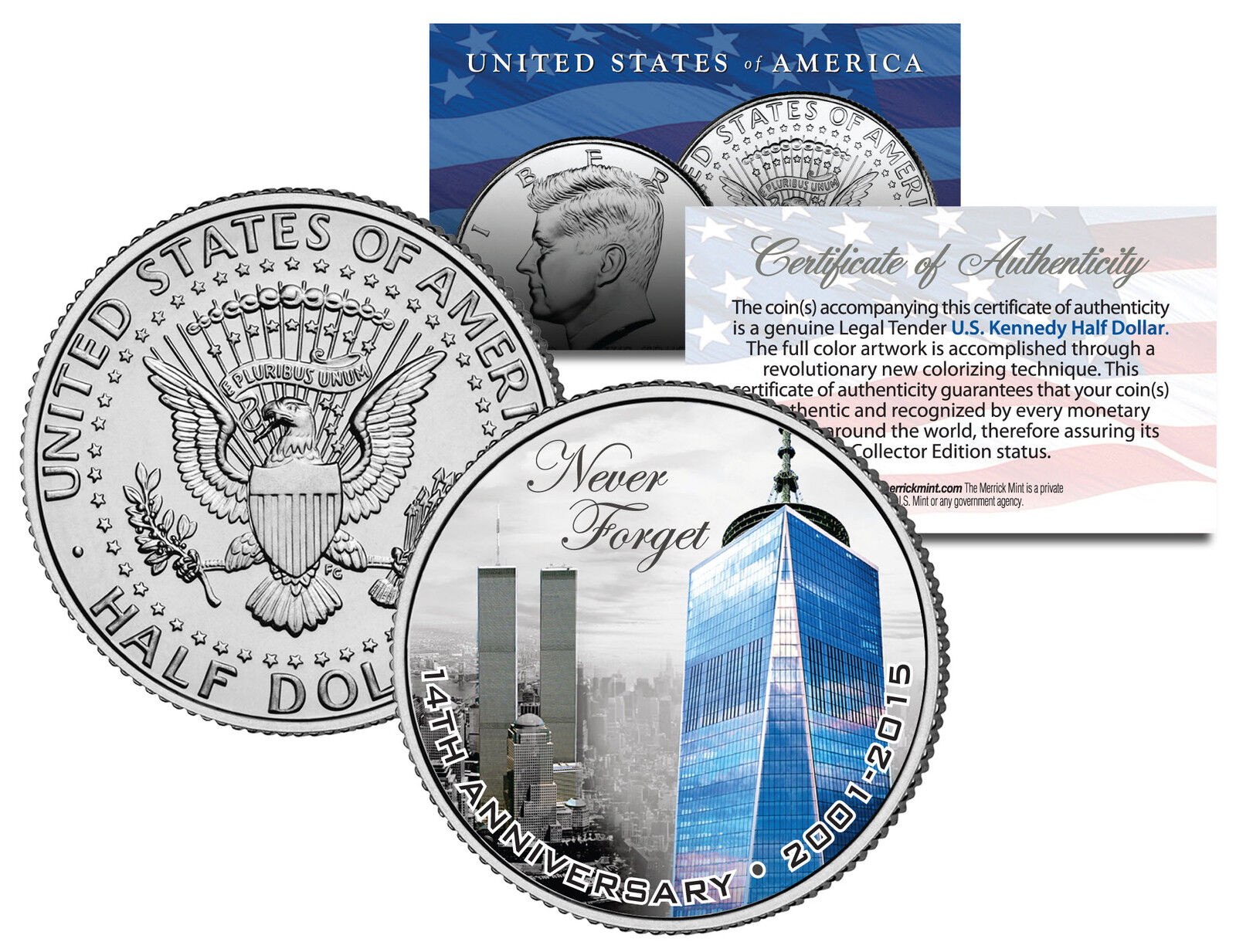 WORLD TRADE CENTER * 14th Anniversary * Colorized JFK Half Dollar Coin 9/11 WTC