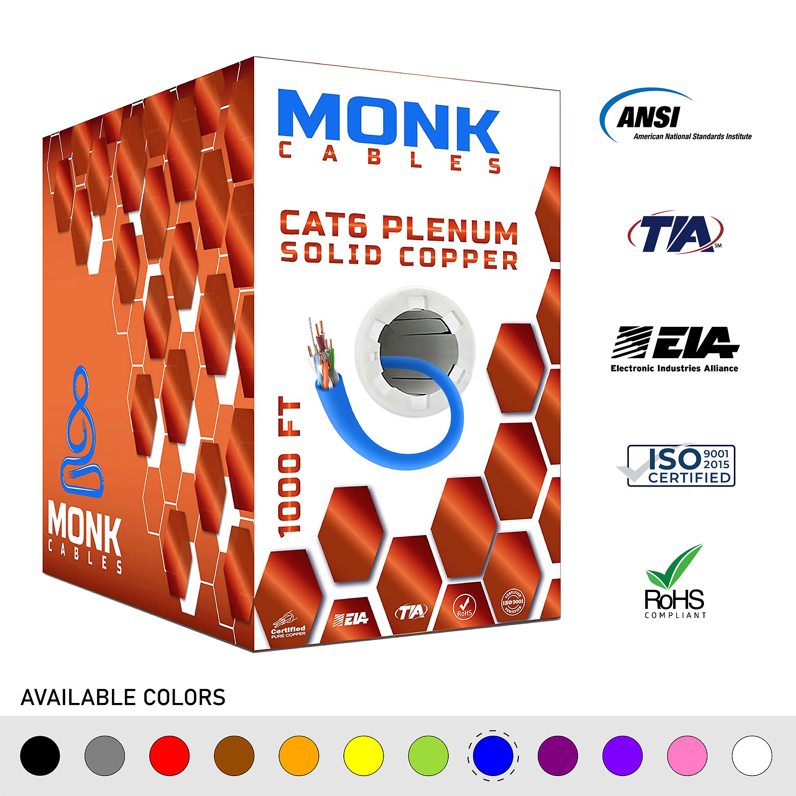 MonkCables Cat6 Plenum Solid Bare Copper 1000ft UTP 550MHz 23AWG Ethernet Blue